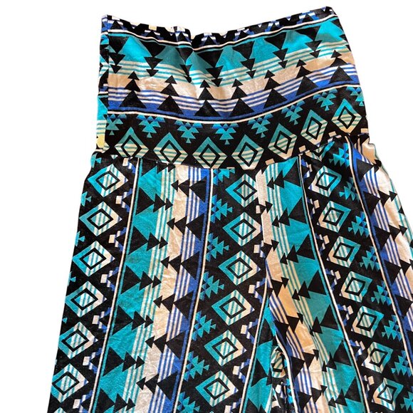 Sure Mine Aztec Print Wide Leg Pants Stretchy High Waist Blue/Black - Picture 2 of 4